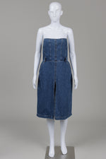 Load image into Gallery viewer, Reformation Jeans strapless medium blue wash dress with front slit with smocked back insert (8)
