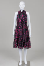 Load image into Gallery viewer, Diane von Furstenberg silk sleeveless Black and Fuschia print dress with rouched waist and neckline (12)
