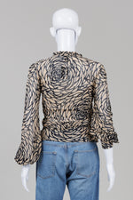 Load image into Gallery viewer, Vivienne Tam taupe and black printed wrap tie blouse (1)
