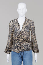 Load image into Gallery viewer, Vivienne Tam taupe and black printed wrap tie blouse (1)
