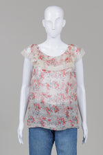 Load image into Gallery viewer, Red Valentino Cream with Delicate Red Flower Print Sleeveless top with ruffle collar
