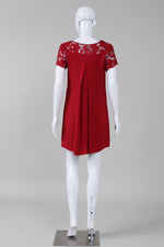 Load image into Gallery viewer, Shu Lani Burgundy shift dress with lace look neck and sleeve cutout (M)
