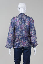 Load image into Gallery viewer, Oasis Blue and Purple long sleeve print tie bow blouse
