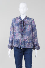 Load image into Gallery viewer, Oasis Blue and Purple long sleeve print tie bow blouse

