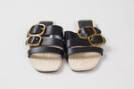 Load image into Gallery viewer, Massimo Dutti black leather three strap sandals with brushed gold buckles (37).
