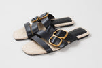 Load image into Gallery viewer, Massimo Dutti black leather three strap sandals with brushed gold buckles (37).
