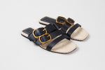 Load image into Gallery viewer, Massimo Dutti black leather three strap sandals with brushed gold buckles (37).
