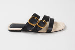Load image into Gallery viewer, Massimo Dutti black leather three strap sandals with brushed gold buckles (37).
