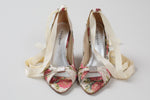 Load image into Gallery viewer, Karen Millen multicolour flower print fabric wedge heel with rhinestone toe detail and ankle ribbons (36)
