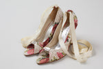 Load image into Gallery viewer, Karen Millen multicolour flower print fabric wedge heel with rhinestone toe detail and ankle ribbons (36)
