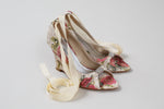 Load image into Gallery viewer, Karen Millen multicolour flower print fabric wedge heel with rhinestone toe detail and ankle ribbons (36)
