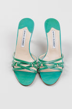 Load image into Gallery viewer, Manolo Blahnik teal patent leather strappy kitten heels (37)
