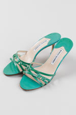 Load image into Gallery viewer, Manolo Blahnik teal patent leather strappy kitten heels (37)
