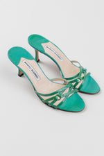 Load image into Gallery viewer, Manolo Blahnik teal patent leather strappy kitten heels (37)
