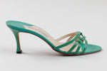 Load image into Gallery viewer, Manolo Blahnik teal patent leather strappy kitten heels (37)
