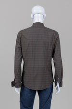 Load image into Gallery viewer, John Varvatos brown plaid long sleeve dress shirt with pleated bib front and banded Mao collar (M)
