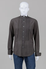 Load image into Gallery viewer, John Varvatos brown plaid long sleeve dress shirt with pleated bib front and banded Mao collar (M)
