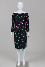 Load image into Gallery viewer, Louis Feraud vintage 2 piece black crinkle silk skirt suit with off the shoulder neckline with prominent bow and vibrant tulip print and zip front (12)

