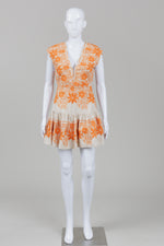 Load image into Gallery viewer, Maje short dress with bright orange emroidery with a deep v-neck neckline (38)
