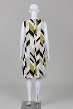 Load image into Gallery viewer, Hugo Boss Dephani sheath dress with bold geometric chevron pattern in olive green, black and beige (12)
