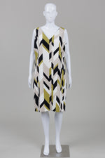Load image into Gallery viewer, Hugo Boss Dephani sheath dress with bold geometric chevron pattern in olive green, black and beige (12)
