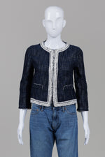Load image into Gallery viewer, Elie Tahari blue woven denim-like blazer with white fringe trim, collarless neckline, open front (XS)
