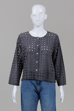 Load image into Gallery viewer, Finini dark grey button front blouse with eyelet cutout pattern (M) *new with tags $179
