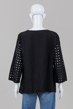 Load image into Gallery viewer, Fenini black linen eyelet top with inserts on sleeves and hem (M) *new with tags $216

