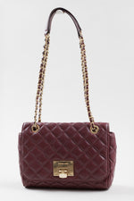 Load image into Gallery viewer, Michael Kors burgandy leather cross body shoulder bag with gold chain strap and gold metal tab closure.
