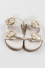 Load image into Gallery viewer, Schutz strappy slip-on cream and beige woven sandals with brushed gold geometric buckles (11)
