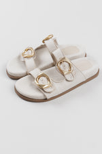 Load image into Gallery viewer, Schutz strappy slip-on cream and beige woven sandals with brushed gold geometric buckles (11)
