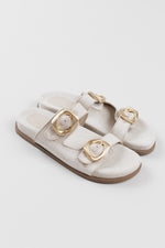 Load image into Gallery viewer, Schutz strappy slip-on cream and beige woven sandals with brushed gold geometric buckles (11)
