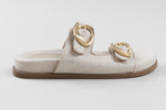 Load image into Gallery viewer, Schutz strappy slip-on cream and beige woven sandals with brushed gold geometric buckles (11)
