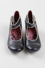Load image into Gallery viewer, Fly London black leather with cream Mary Janes with velcro closure ankle strap and button detail (38)
