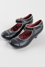 Load image into Gallery viewer, Fly London black leather with cream Mary Janes with velcro closure ankle strap and button detail (38)
