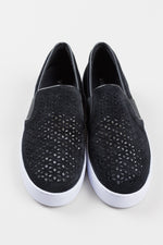 Load image into Gallery viewer, Vionic black suede slip on sneakers with white soles and perforated upper (8)
