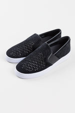 Load image into Gallery viewer, Vionic black suede slip on sneakers with white soles and perforated upper (8)
