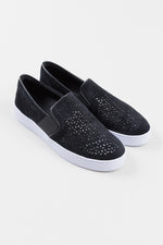 Load image into Gallery viewer, Vionic black suede slip on sneakers with white soles and perforated upper (8)
