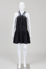 Load image into Gallery viewer, Rachel Zoe black sleeveless silk lined dress with sheer yolk and tiered bottom (4)
