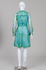 Load image into Gallery viewer, Vintage custom made green and turquoise swirl print dress with pin tucks and waist tie
