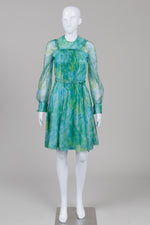Load image into Gallery viewer, Vintage custom made green and turquoise swirl print dress with pin tucks and waist tie

