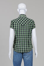 Load image into Gallery viewer, G-Star Raw green and black plaid button up cap sleeve shirt (M)
