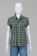 Load image into Gallery viewer, G-Star Raw green and black plaid button up cap sleeve shirt (M)
