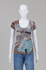 Load image into Gallery viewer, Roberta Puccini tan and blue abstract print mesh t-shirt (46)
