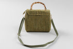 Load image into Gallery viewer, Wenz moss green tweed flap top bag with cross-body strap and bamboo top handle
