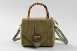 Load image into Gallery viewer, Wenz moss green tweed flap top bag with cross-body strap and bamboo top handle
