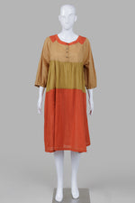 Load image into Gallery viewer, Gudrun Sjoden mustard, olive &amp; rust color block dress with gold embroidery on hem
