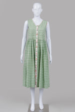 Load image into Gallery viewer, April Cornell green and white plaid house dress with flower trim (S)
