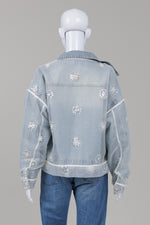Load image into Gallery viewer, Mu.ni light denim jean jacket with tulle overlay and sequin and beadwork
