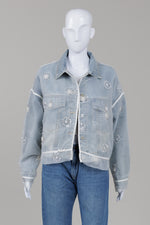 Load image into Gallery viewer, Mu.ni light denim jean jacket with tulle overlay and sequin and beadwork
